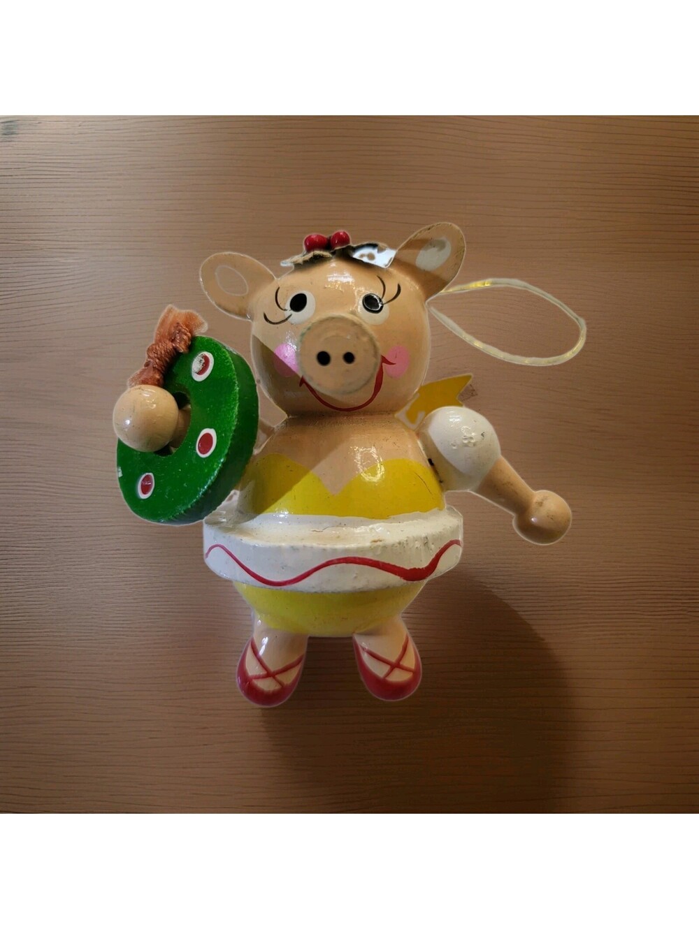Vtg 1960s Pig Christmas Ornament Wood Hand Painted Piggy Hog EUC 3" A39